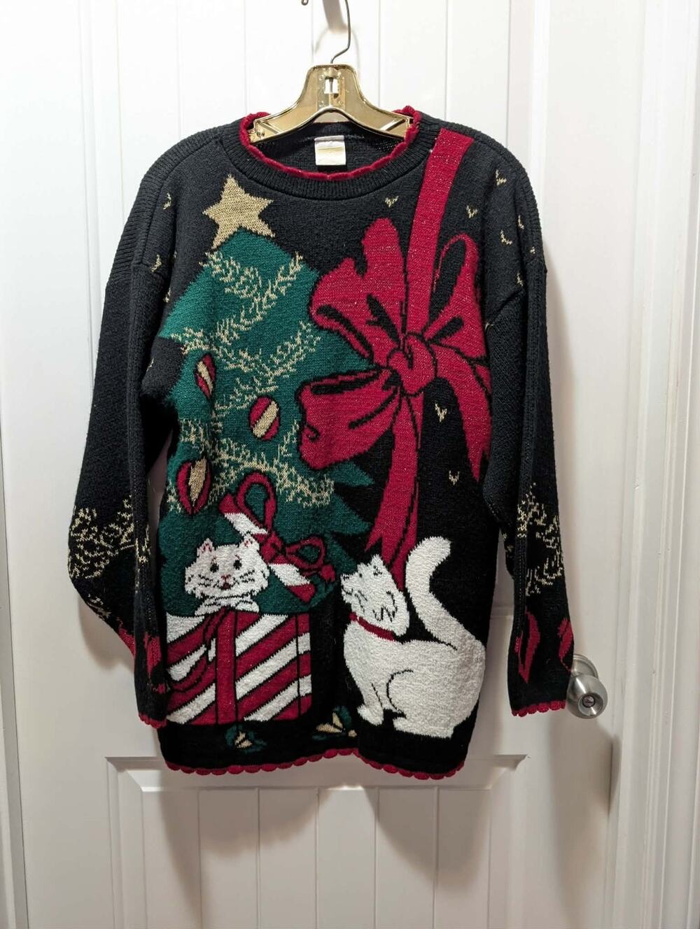 Vintage Holiday Time Ugly Christmas Sweater Women's S Cats Tree Presents Bow